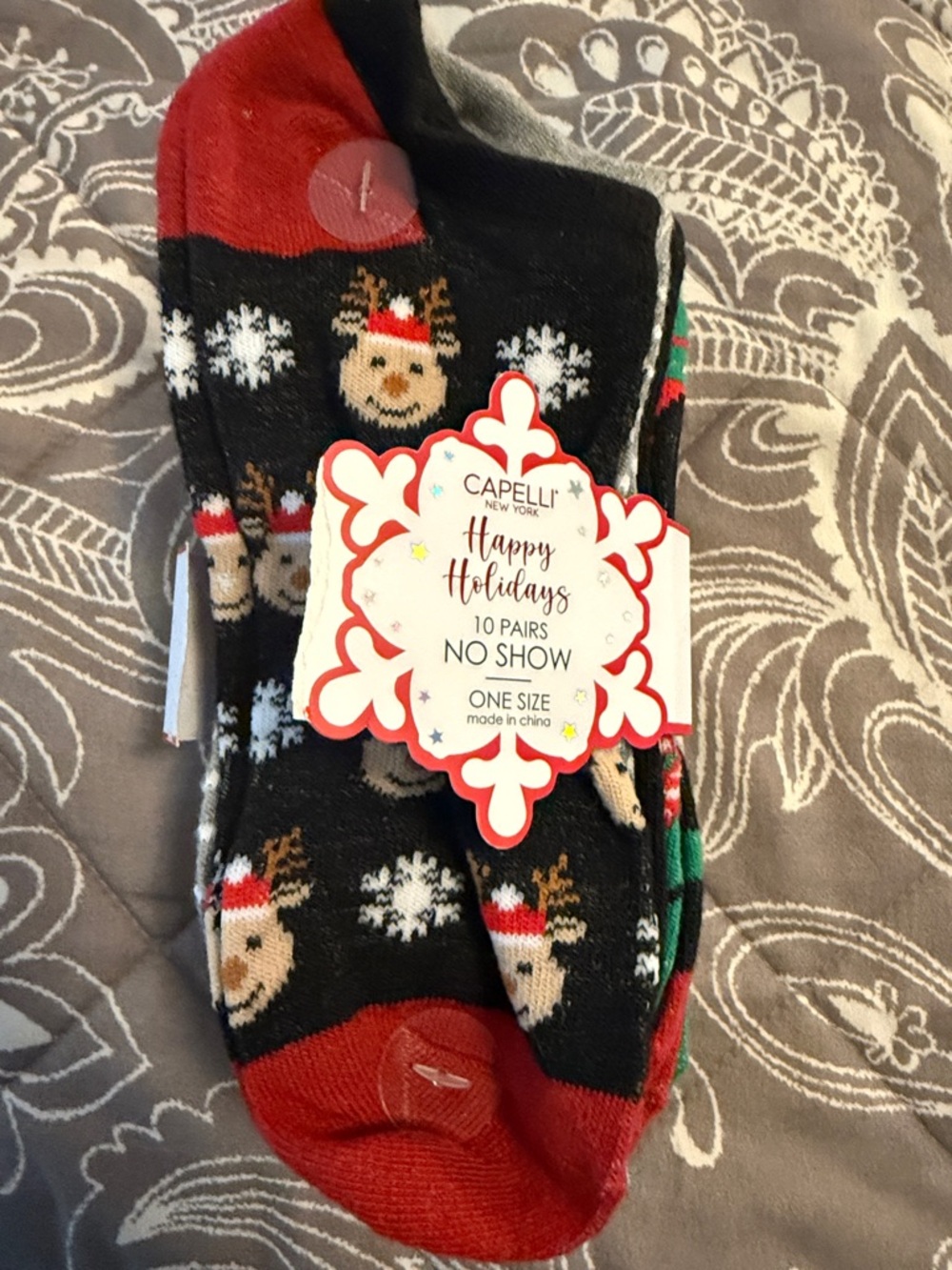 Capelli of New York Black & Red Reindeer No-Show Socks: Pack of 10.